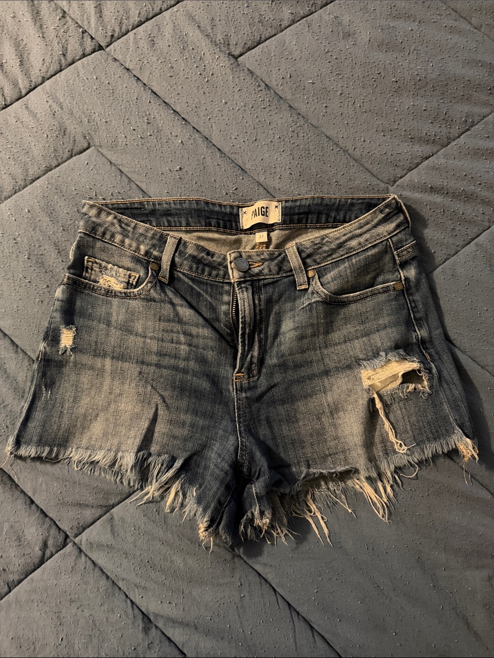 PAIGE Blue Distressed Denim Cutoff Shorts